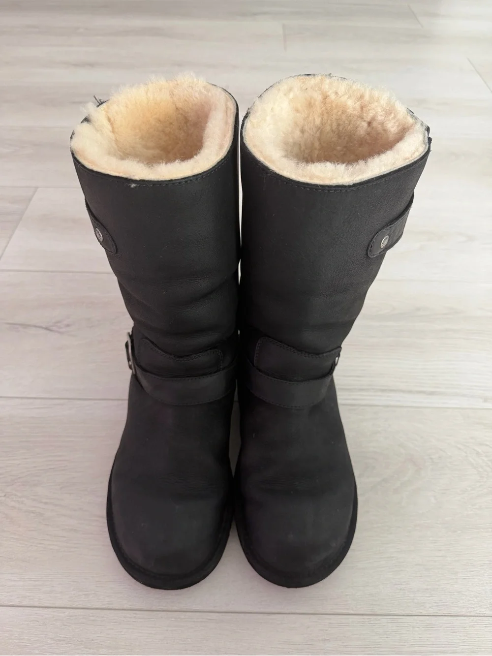 UGG Black Leather Mid-Calf Buckle Boot